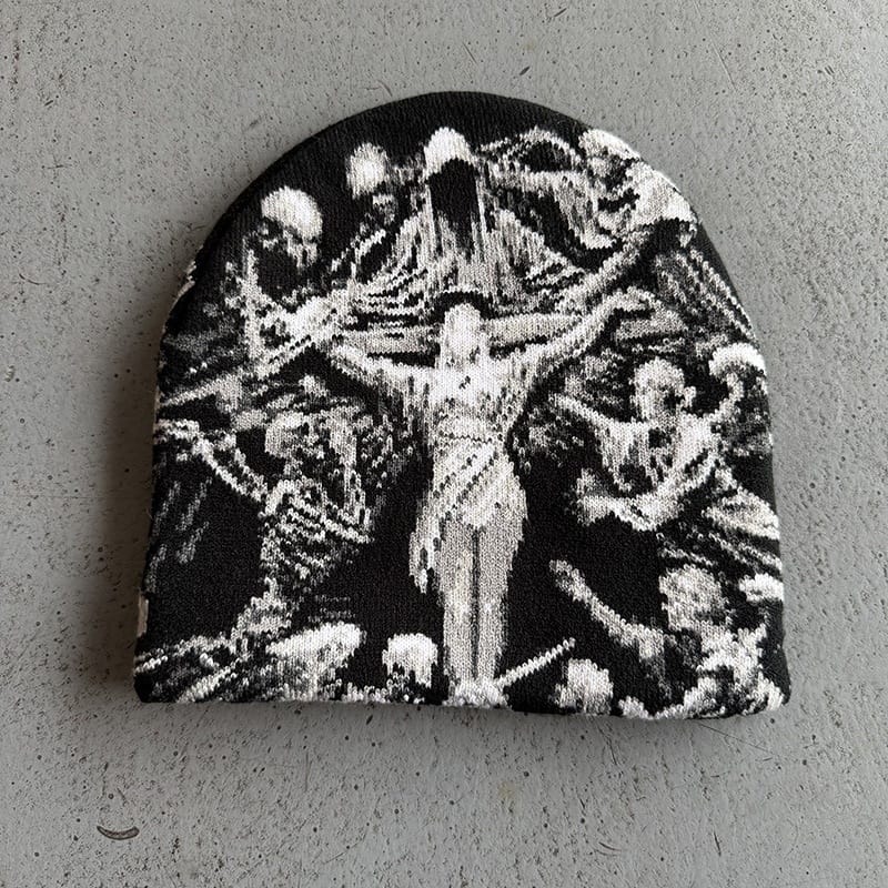 Crucifix Tapestry Graphic Knit Beanie Black