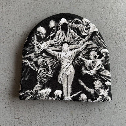 Crucifix Tapestry Graphic Knit Beanie Black