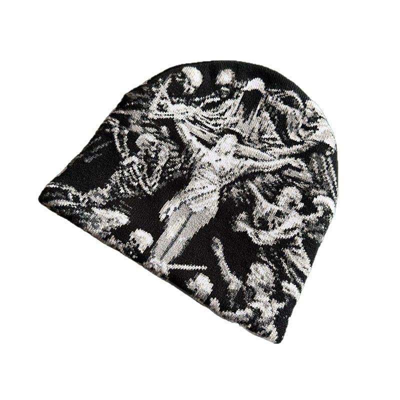 Crucifix Tapestry Graphic Knit Beanie Black