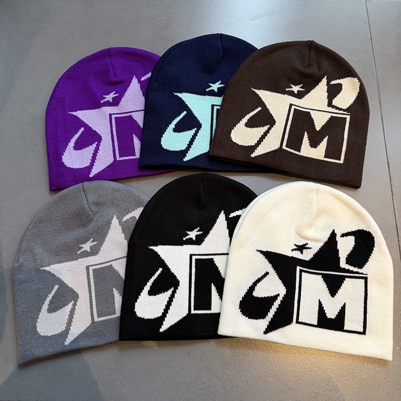 Star M Graphic Knit Beanie Brown