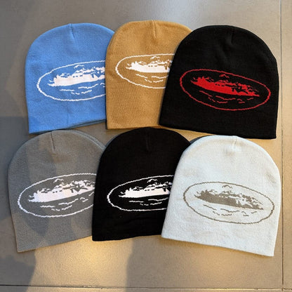 Oval Distressed Graphic Knit Beanie