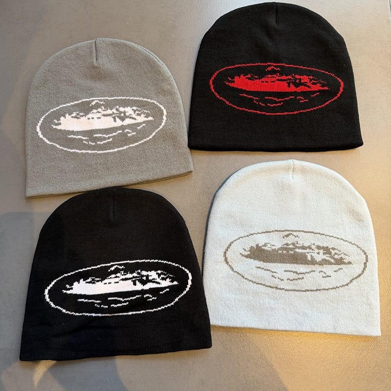 Oval Distressed Graphic Knit Beanie
