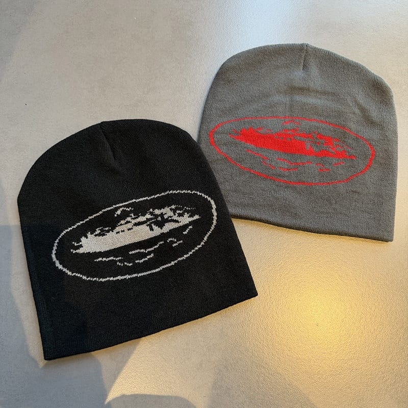 Oval Distressed Graphic Knit Beanie