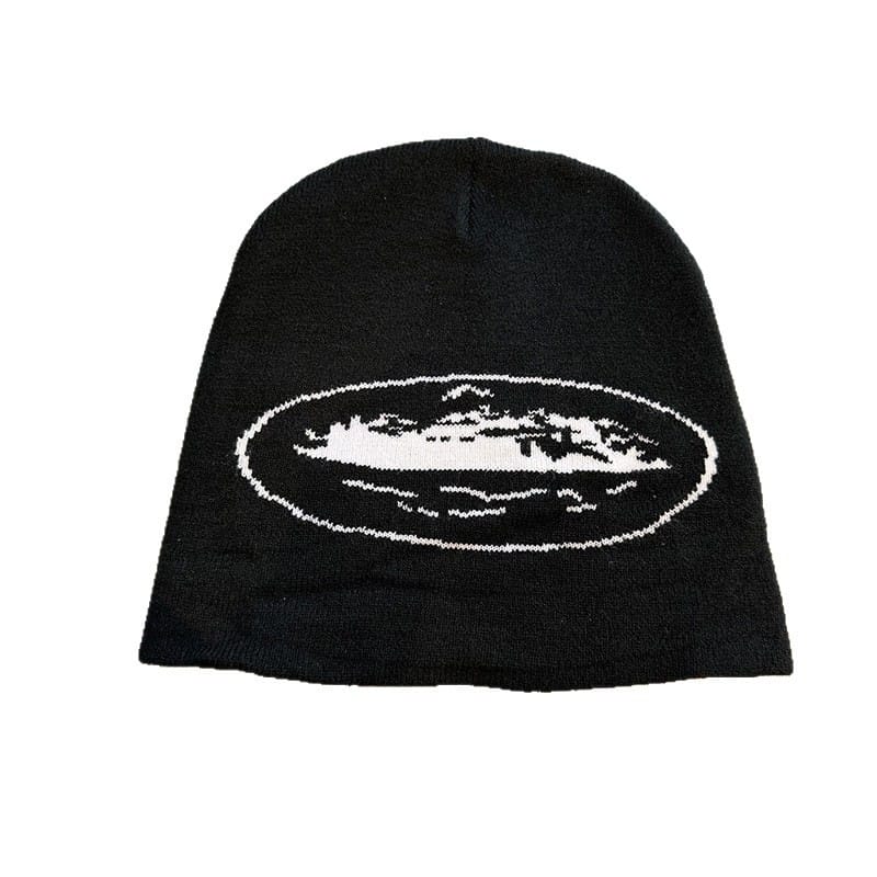 Oval Distressed Graphic Knit Beanie