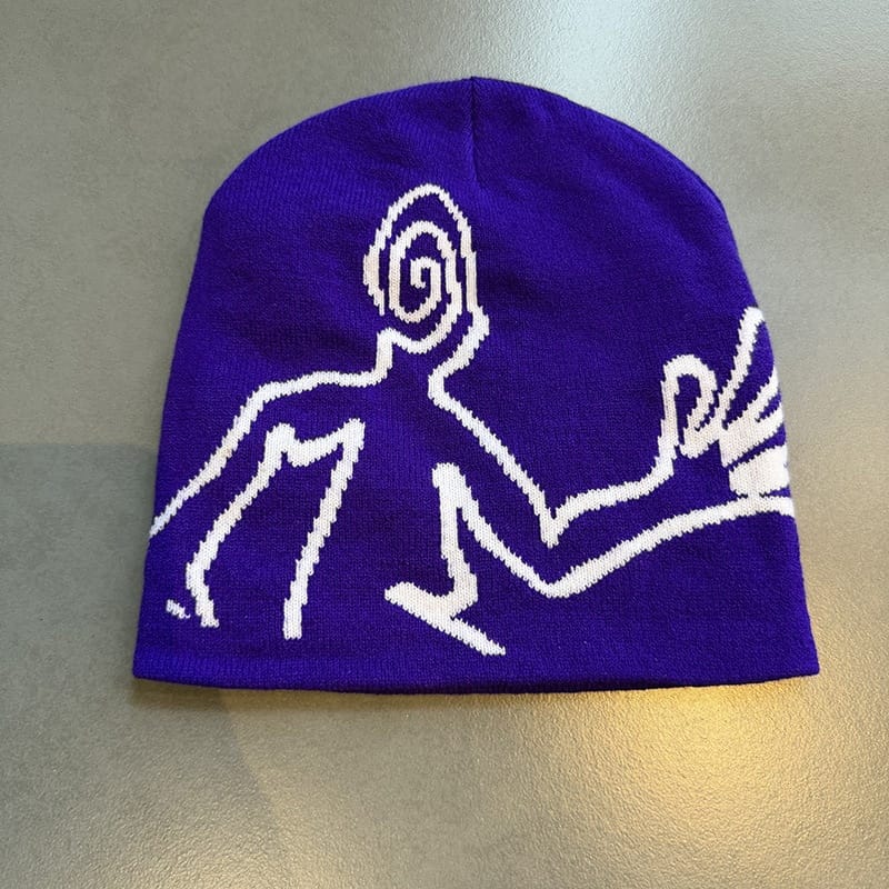 Spiral Face Line Art Knit Beanie Purple
