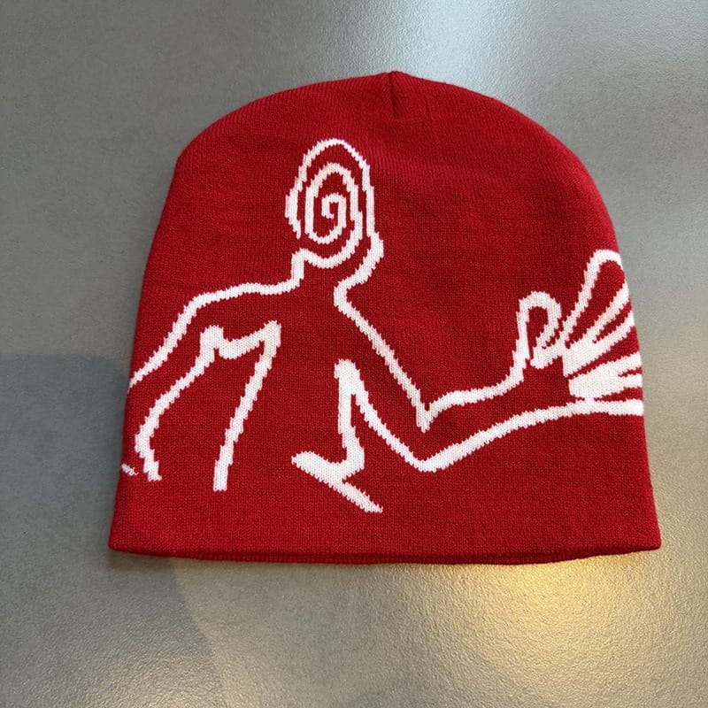 Spiral Face Line Art Knit Beanie Red / White