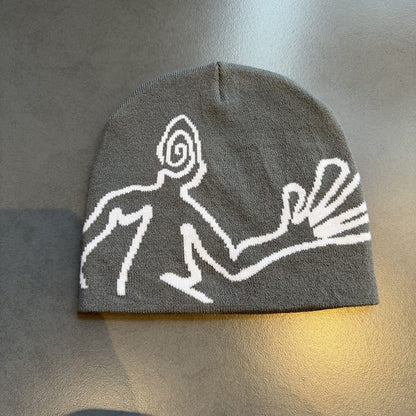 Spiral Face Line Art Knit Beanie Gray