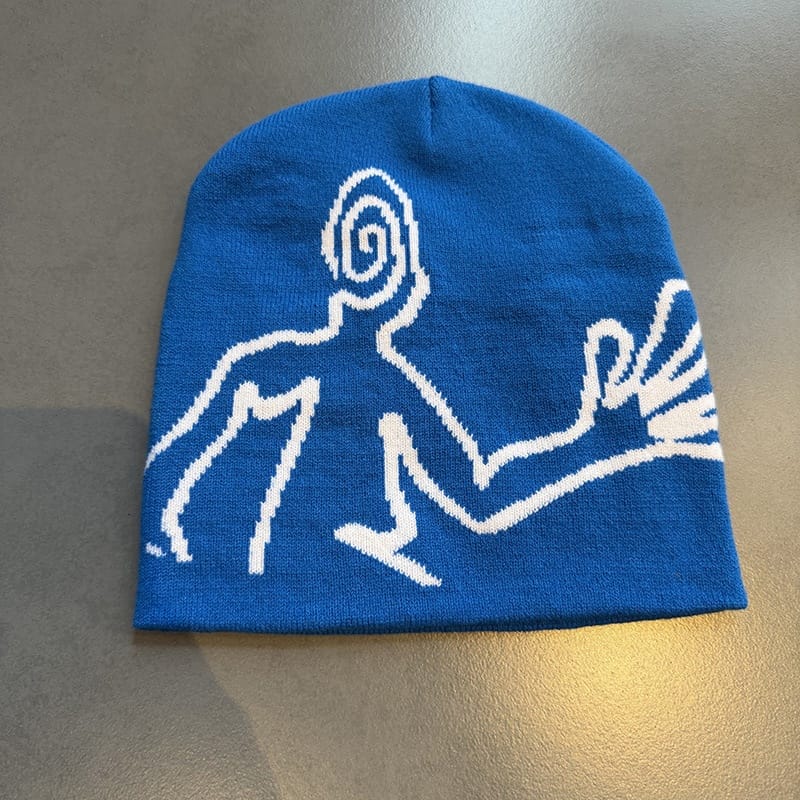 Spiral Face Line Art Knit Beanie Blue