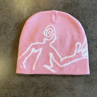 Spiral Face Line Art Knit Beanie Pink
