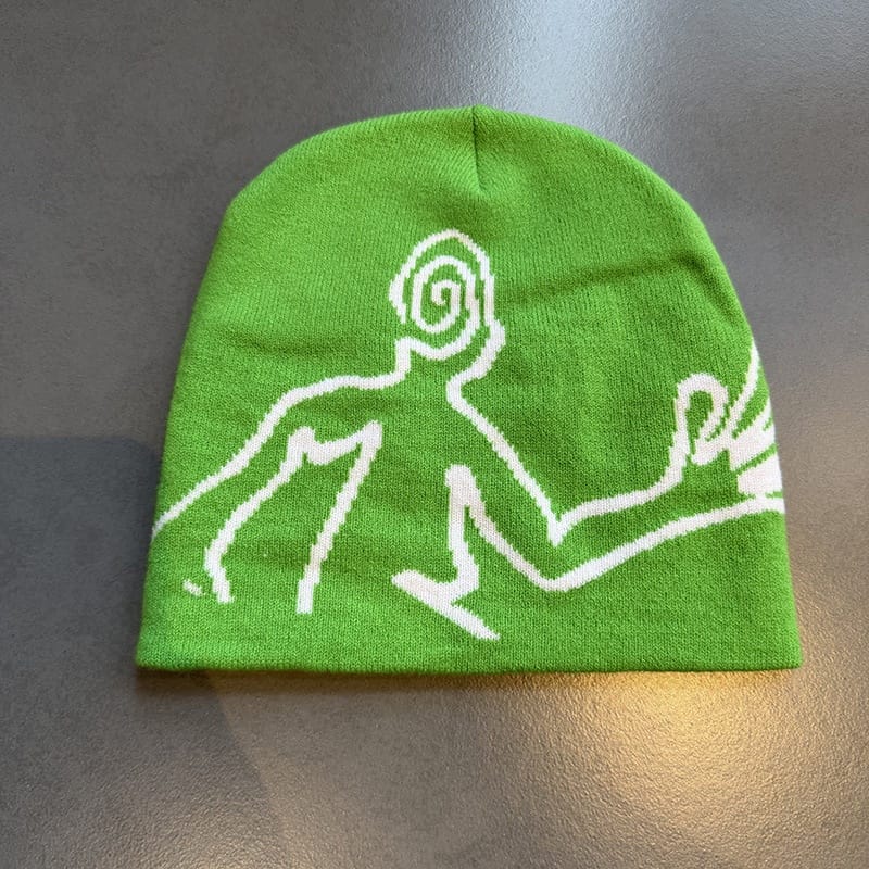 Spiral Face Line Art Knit Beanie Lime Green