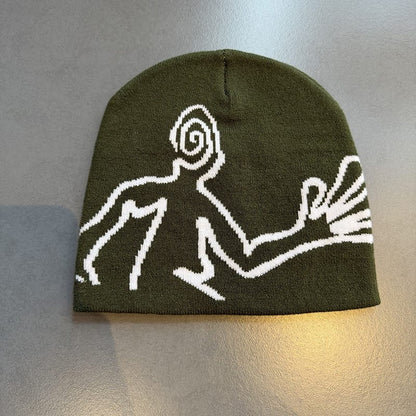 Spiral Face Line Art Knit Beanie Olive