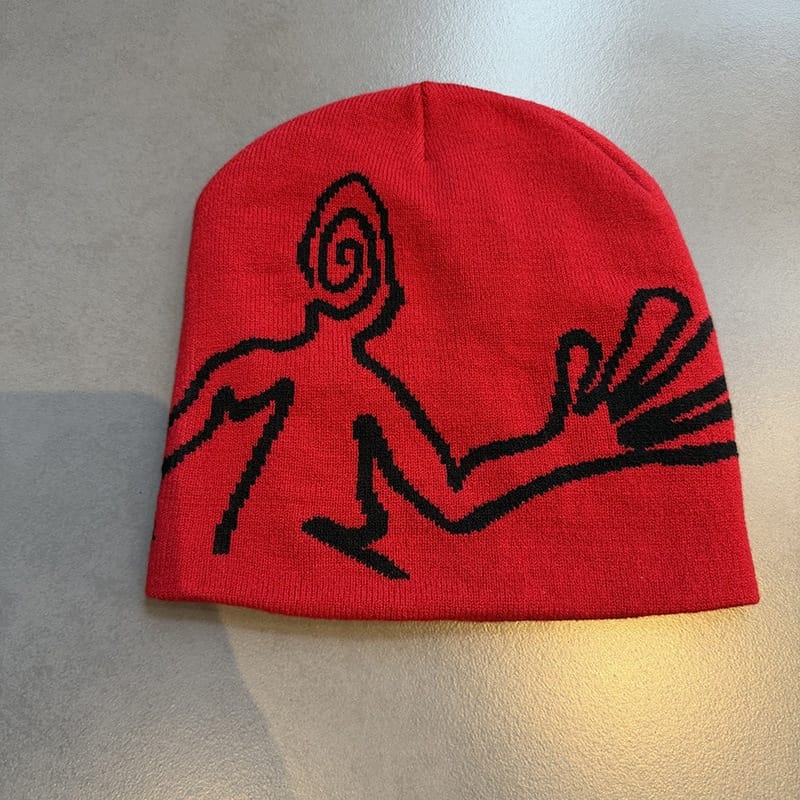 Spiral Face Line Art Knit Beanie Red / Black
