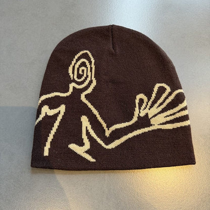 Spiral Face Line Art Knit Beanie Brown