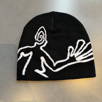 Spiral Face Line Art Knit Beanie Black