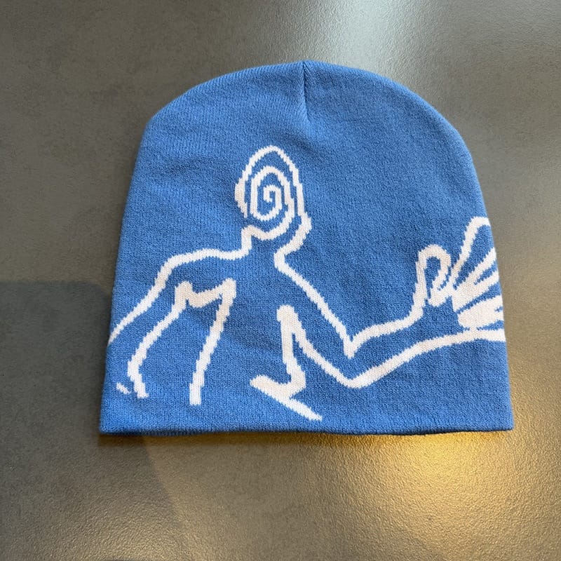 Spiral Face Line Art Knit Beanie Light Blue