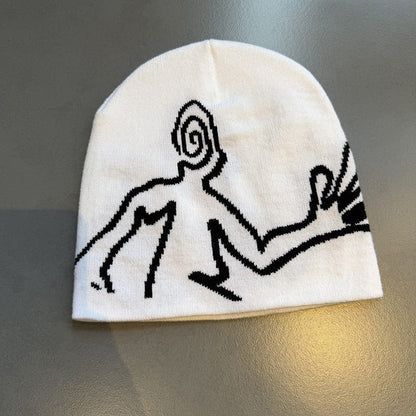 Spiral Face Line Art Knit Beanie White