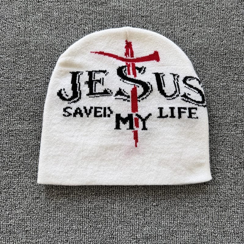 Jesus Saved My Life Knit Beanie White