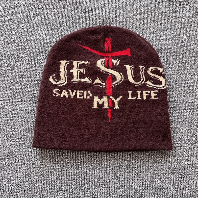 Jesus Saved My Life Knit Beanie Burgundy