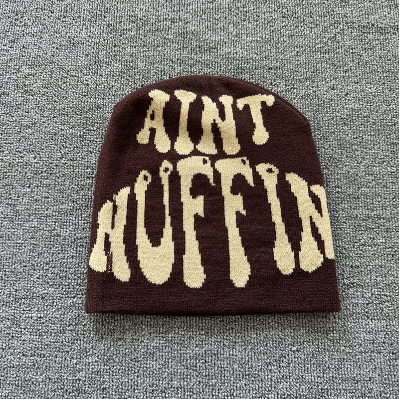 Aint Nuffin Lettering Knit Beanie Brown / Beige