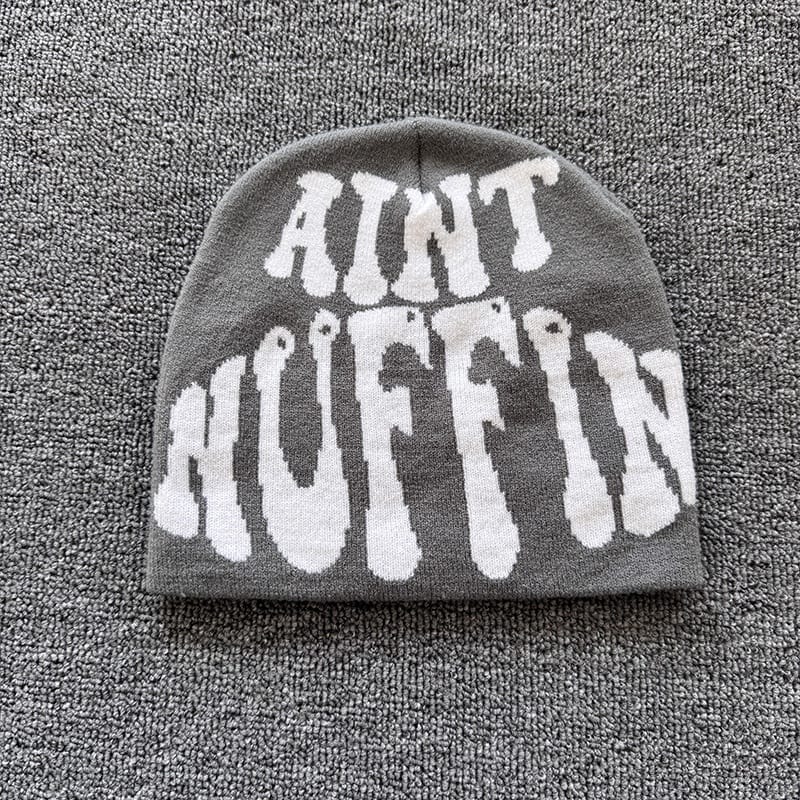 Aint Nuffin Lettering Knit Beanie Gray / White