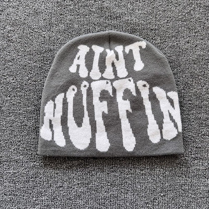 Aint Nuffin Lettering Knit Beanie Gray / White