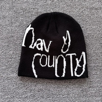 Devil Horn Lettering Knit Beanie Black