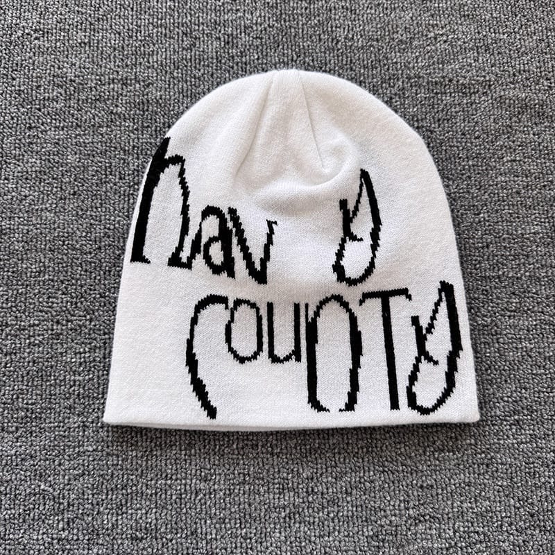 Devil Horn Lettering Knit Beanie White
