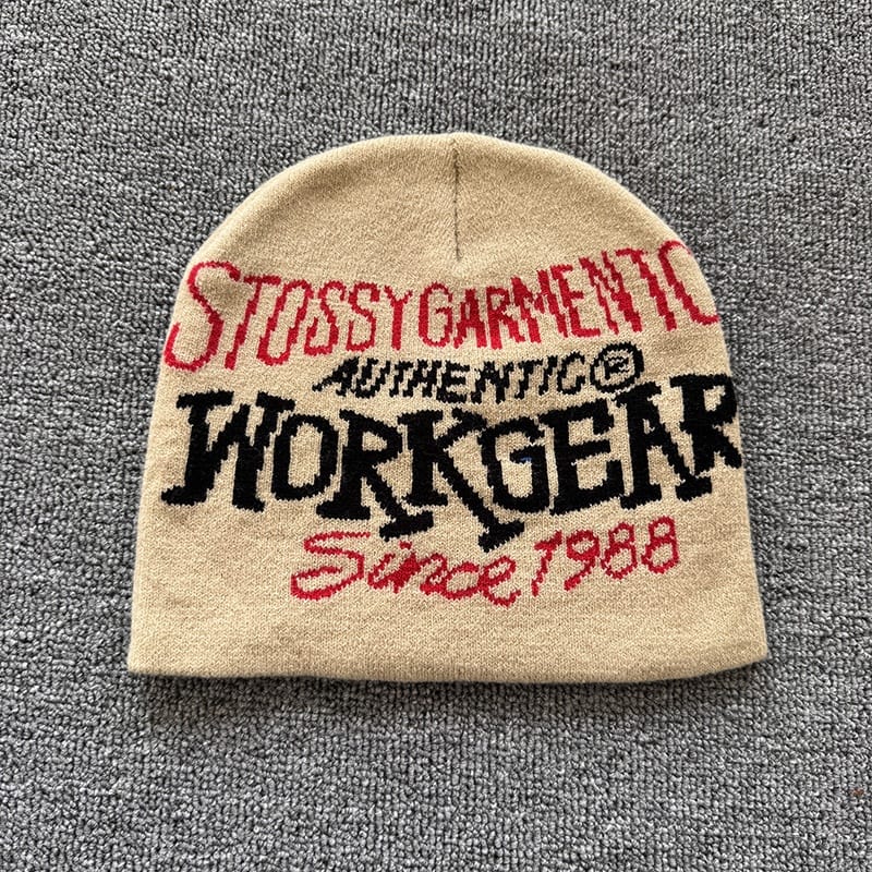Vintage Workgear Lettering Knit Beanie Beige