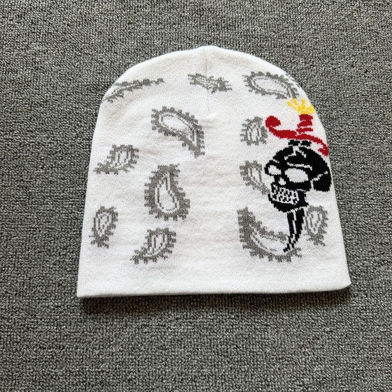 Paisley Skull Knit Beanie White
