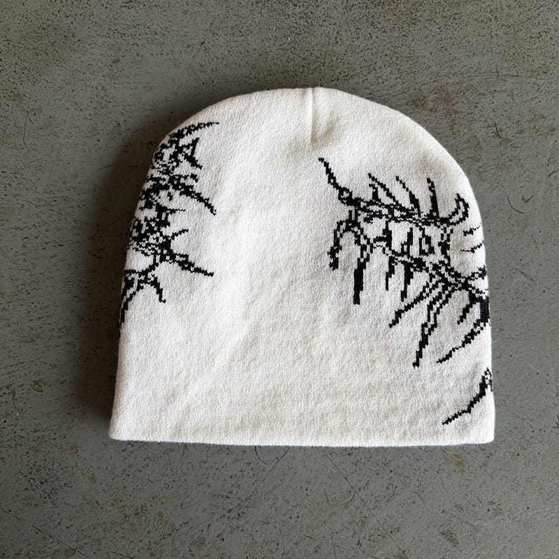 Thorn Lettering Knit Beanie White