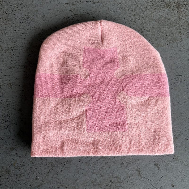 Bold Cross Stripe Knit Beanie Pink