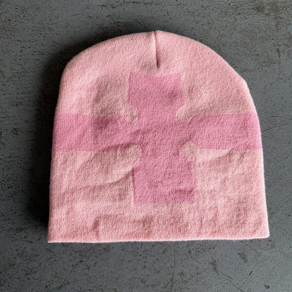 Bold Cross Stripe Knit Beanie Pink