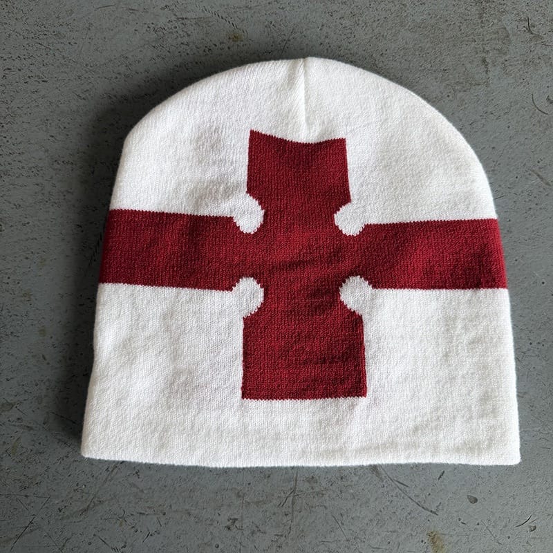Bold Cross Stripe Knit Beanie White / Red
