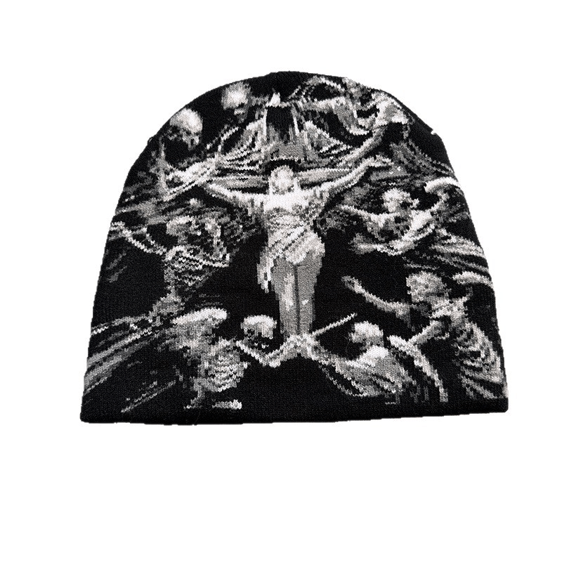 Crucifix Angel Graphic Knit Beanie Black