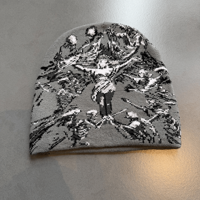 Crucifix Angel Graphic Knit Beanie Gray