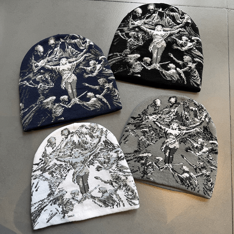 Crucifix Angel Graphic Knit Beanie White