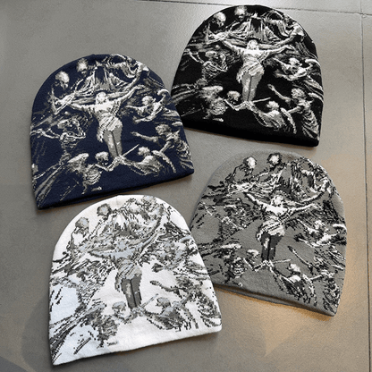 Crucifix Angel Graphic Knit Beanie White