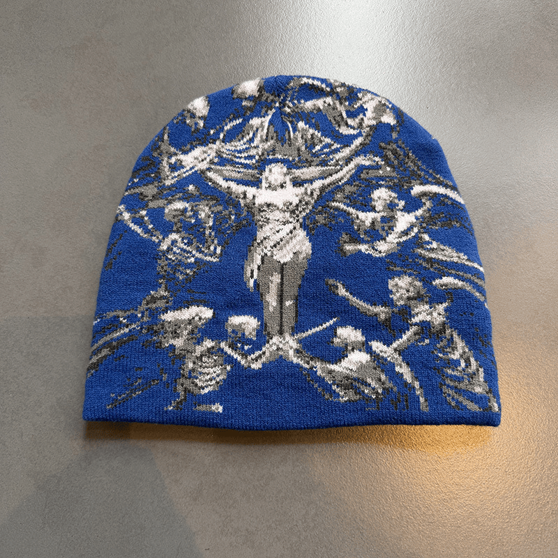 Crucifix Angel Graphic Knit Beanie Royal Blue
