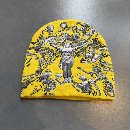 Crucifix Angel Graphic Knit Beanie Yellow