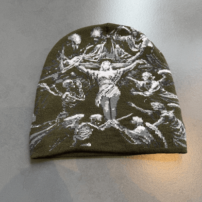 Crucifix Angel Graphic Knit Beanie Olive