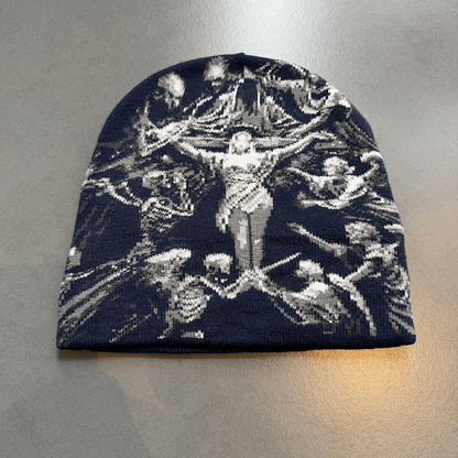 Crucifix Angel Graphic Knit Beanie Navy