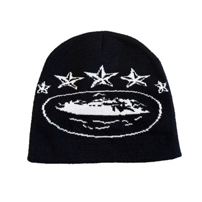 Three Star Oval Graphic Knit Beanie Black