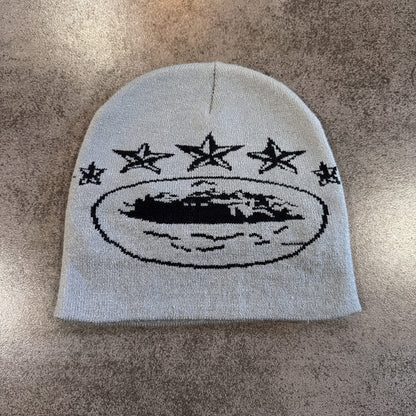 Three Star Oval Graphic Knit Beanie Gray