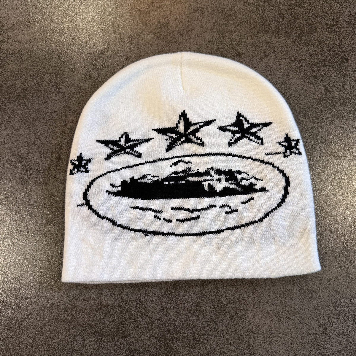 Three Star Oval Graphic Knit Beanie White