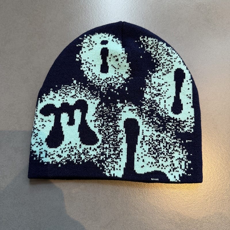Abstract Letter Graphic Knit Beanie Navy / Light Blue