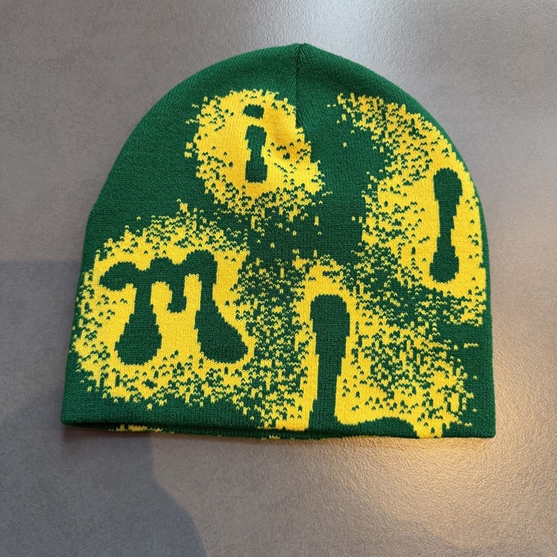 Abstract Letter Graphic Knit Beanie Green / Yellow