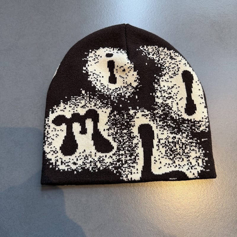 Abstract Letter Graphic Knit Beanie Brown / Cream