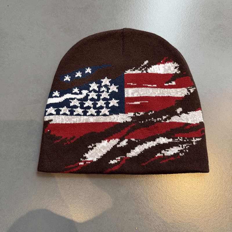Distressed American Flag Knit Beanie Brown