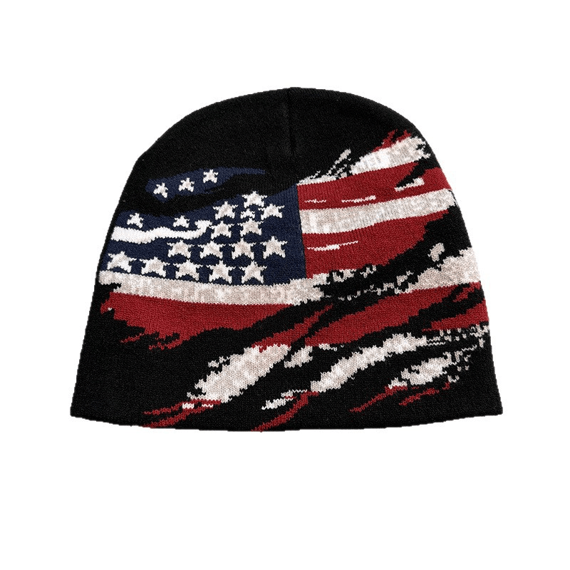 Distressed American Flag Knit Beanie Black