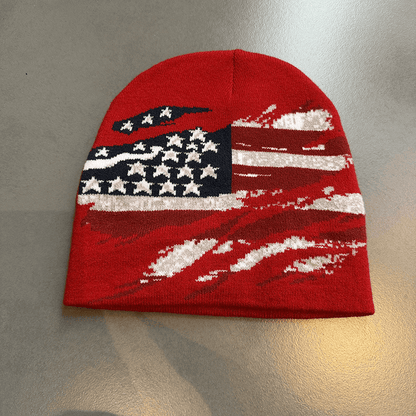 Distressed American Flag Knit Beanie Red